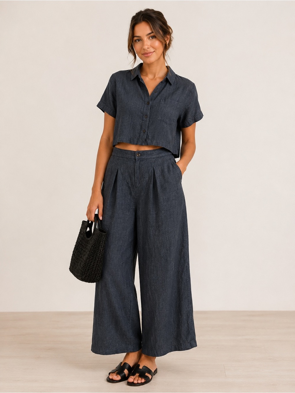 H by Halston Linen Wide Leg Pants 12 Coastal Quiet Luxury N Black Beige Woven